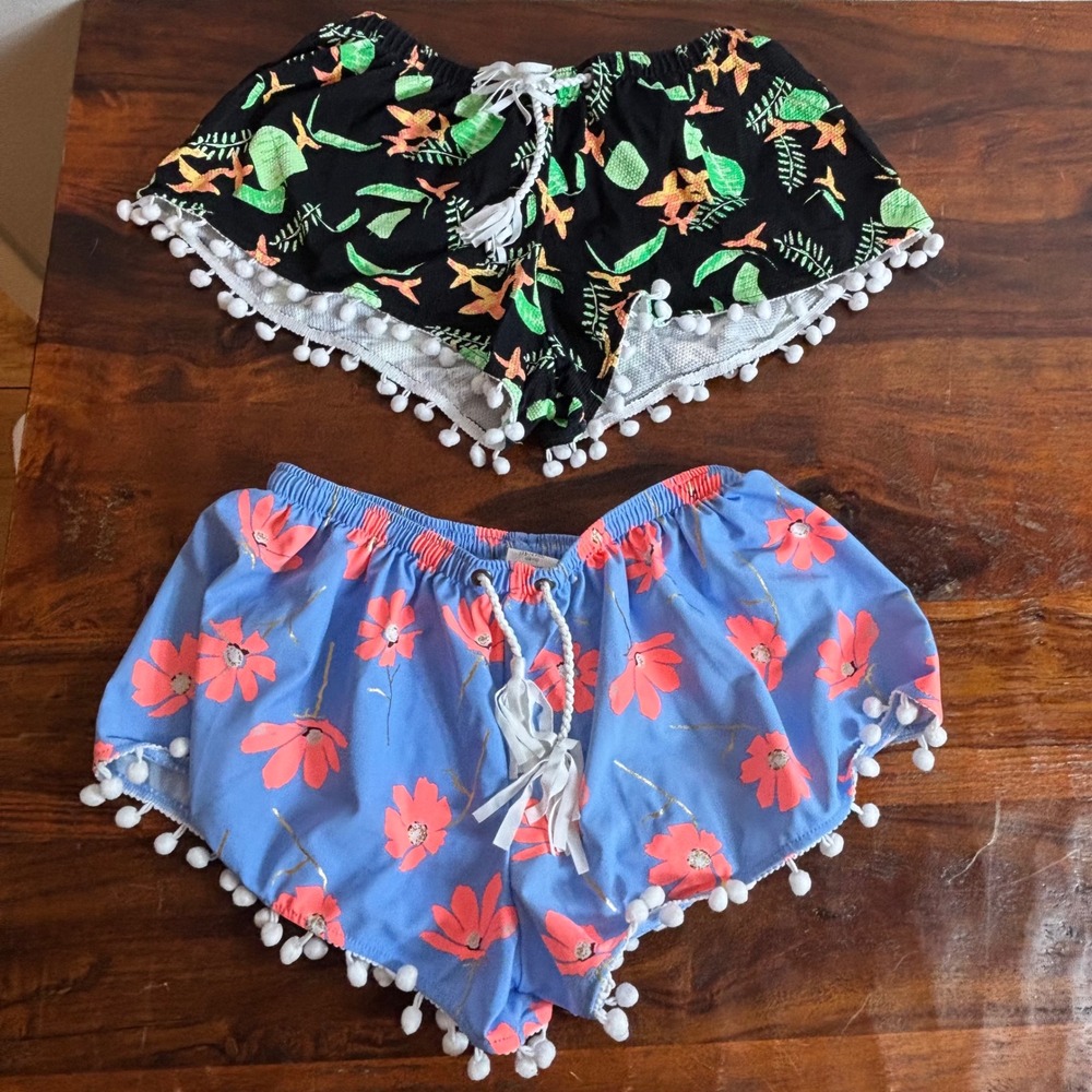 Snapper Rock Girls Swim Cover Up Shorts Lot of 2 Floral Tropical Pom Pom Size 14